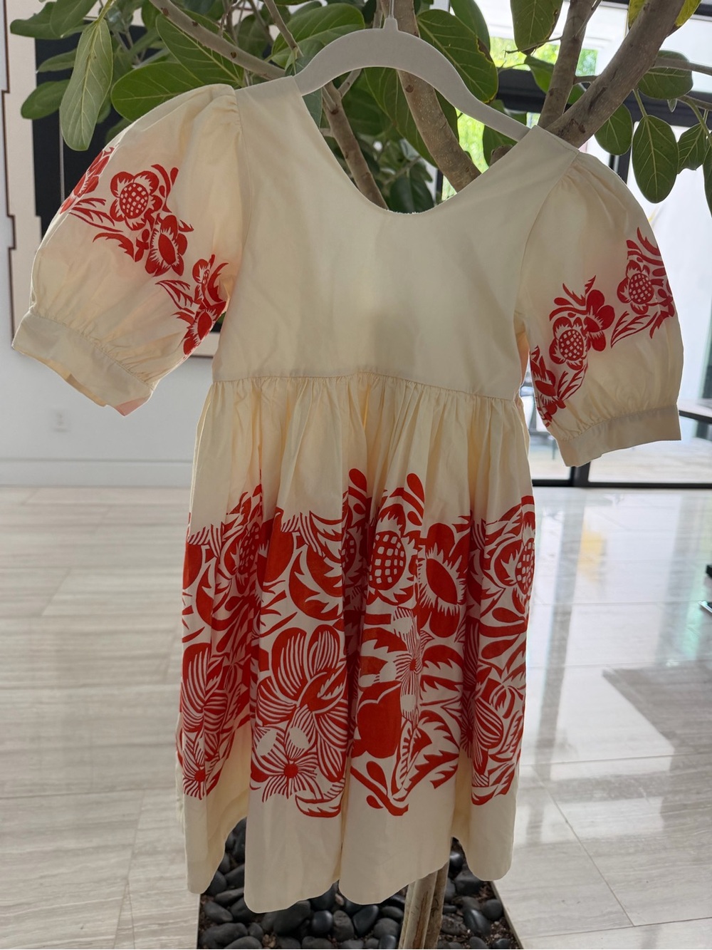 Molo Cream Dress with Red Floral Print and Puff Sleeves